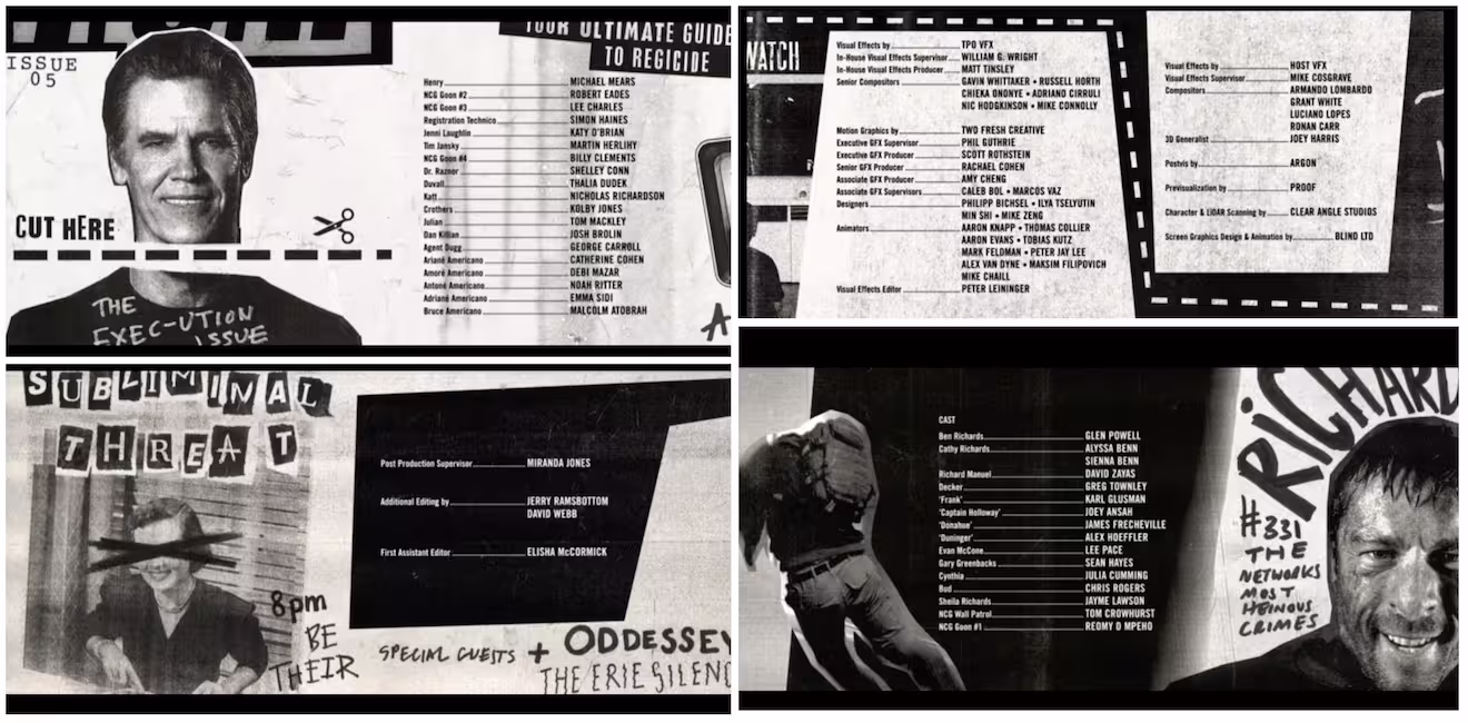 Screenshots of the credits of Running Man that look like the credits are pages from a physical fanzine, hand copied and pasted and then photocopied over and over