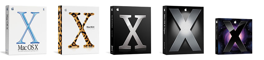 Box artwork for Mac OS X versions Cheetah/Puma, Jaguar, Panther, and Tiger