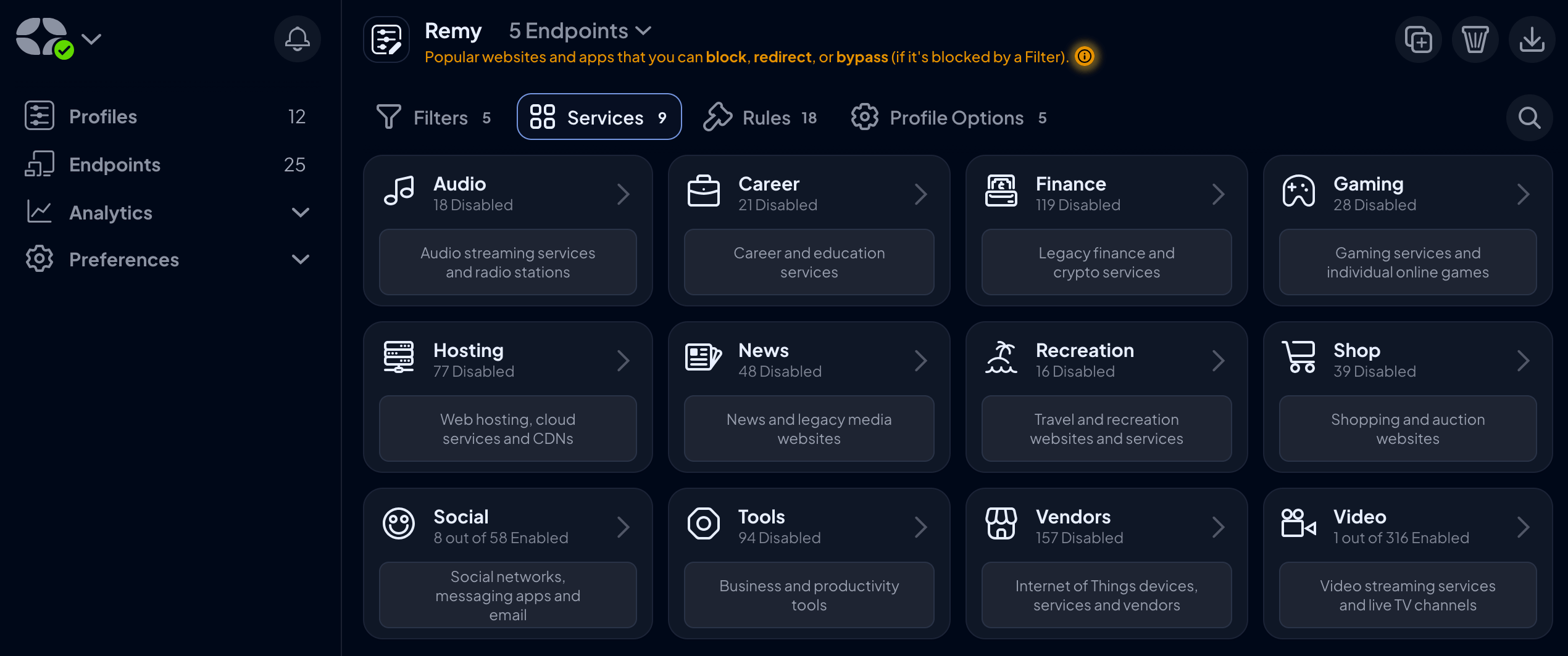 The ControlD services dashboard