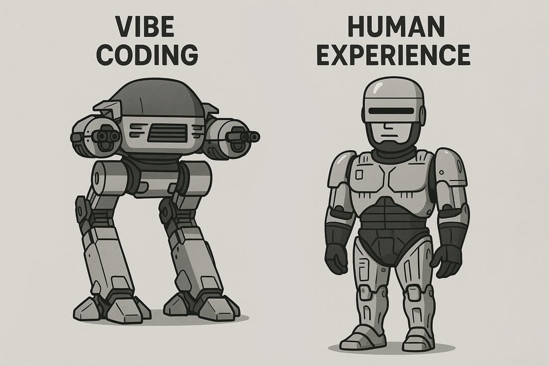 Ed 209 with the words "Vibe Coding" above it, and Robocop with "Human Experience" above it