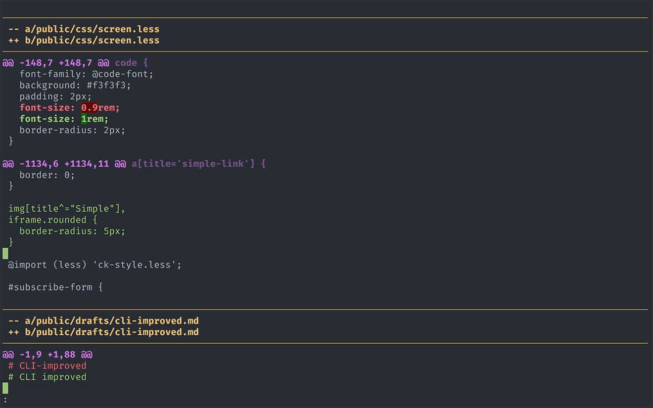 Sample diff output diff so fancy
